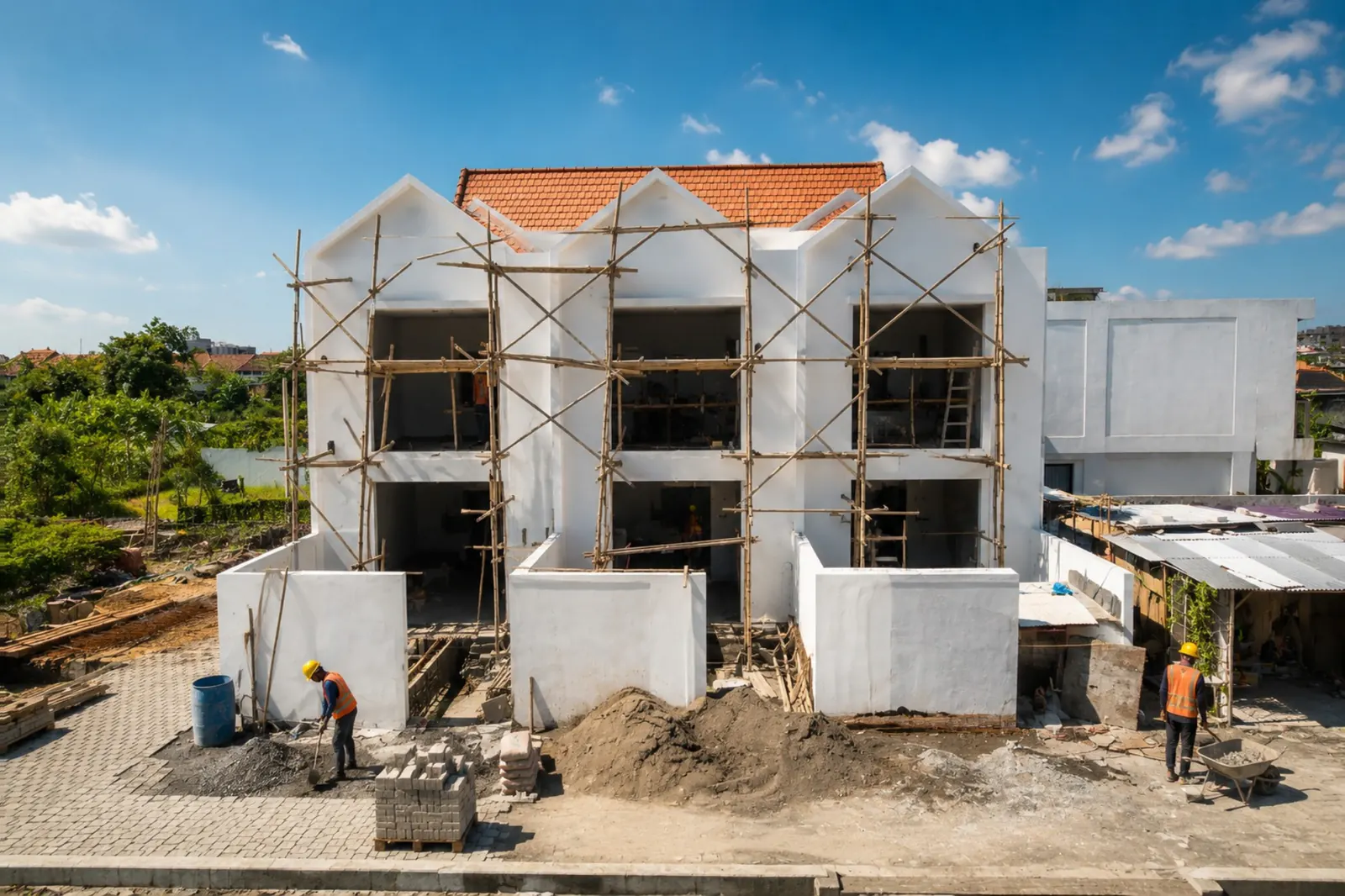 Terraced houses under construction with bamboo scaffolding and workers on site