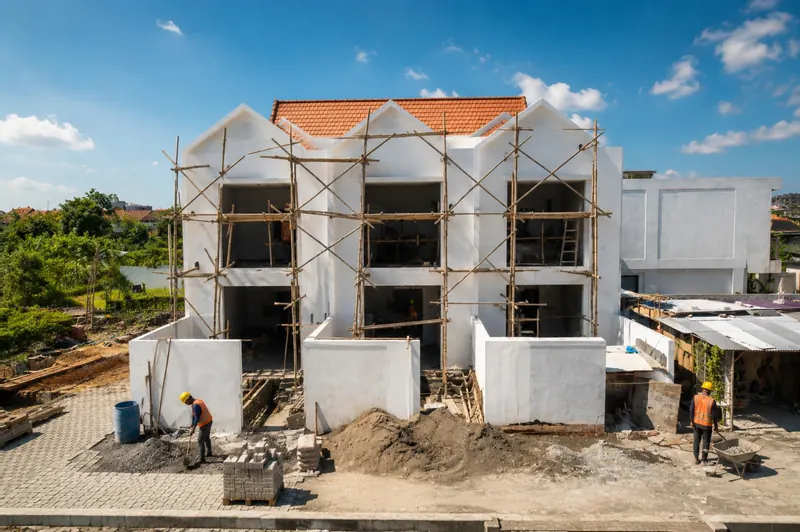 Terraced houses under construction in Bali with bamboo scaffolding and workers on site