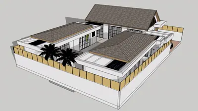 Aerial view of a 3D design model of a Bali villa with a pool