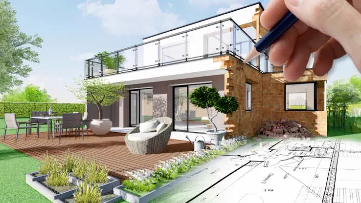 A villa design drawn over a site plan