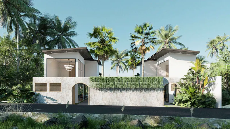 Design render of a Bali villa entrance with arched openings and tropical planting