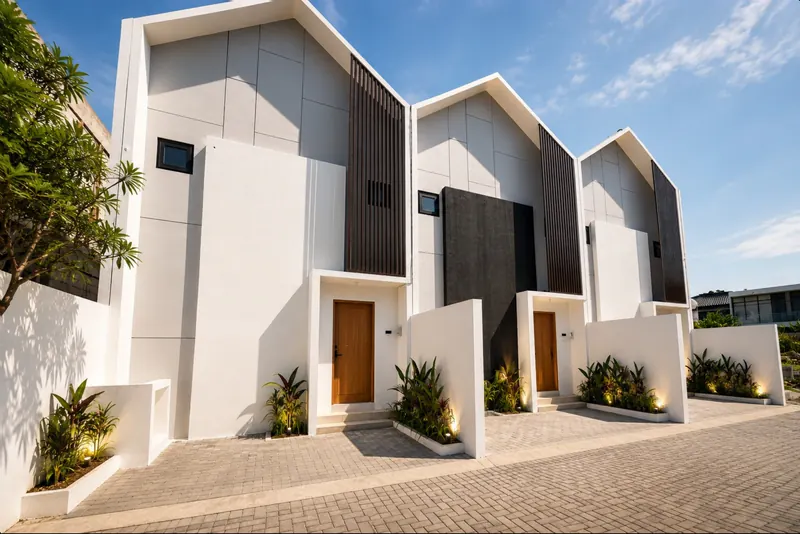 A row of finished white townhouses with pitched roofs